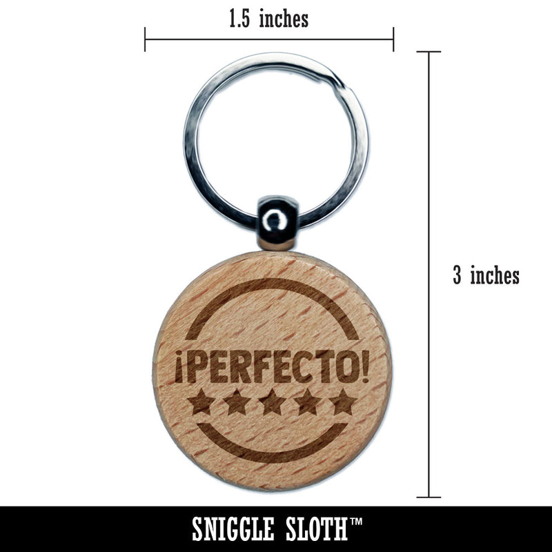 Perfecto Five Star Compliment Spanish Engraved Wood Round Keychain Tag Charm