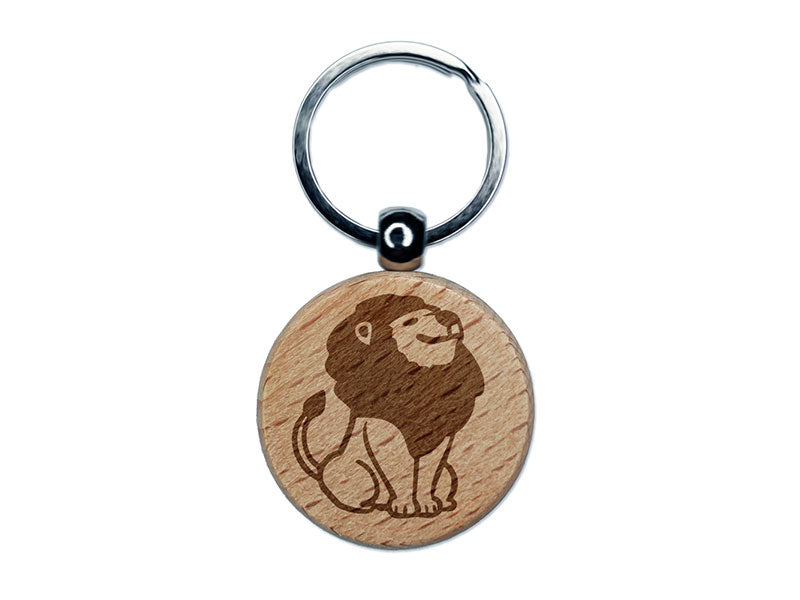Proud Lion Head Held High Engraved Wood Round Keychain Tag Charm