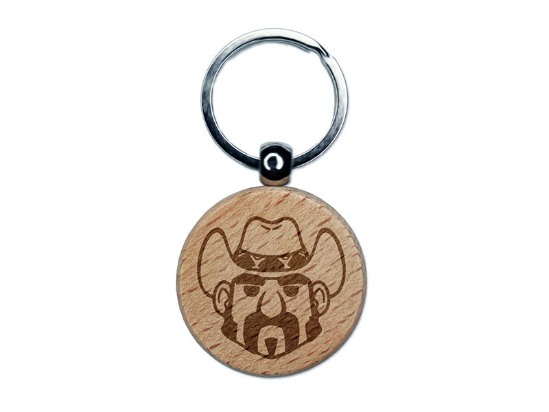 Rancher Cowboy Cartoon Head Hat Engraved Wood Round Keychain Tag Charm