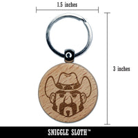 Rancher Cowboy Cartoon Head Hat Engraved Wood Round Keychain Tag Charm