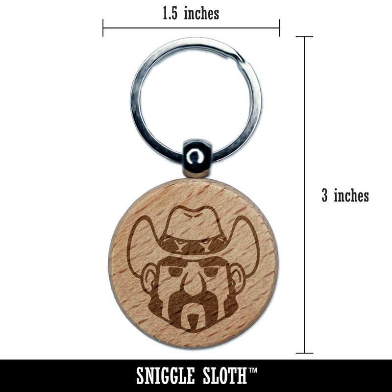 Rancher Cowboy Cartoon Head Hat Engraved Wood Round Keychain Tag Charm