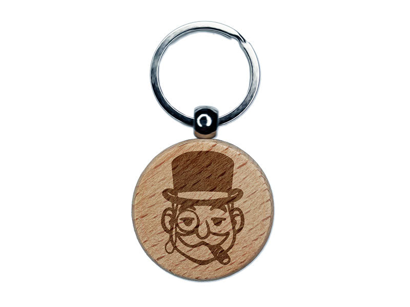 Rich Man Top Hat Mustache Tycoon Cigar Engraved Wood Round Keychain Tag Charm
