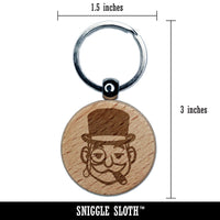 Rich Man Top Hat Mustache Tycoon Cigar Engraved Wood Round Keychain Tag Charm