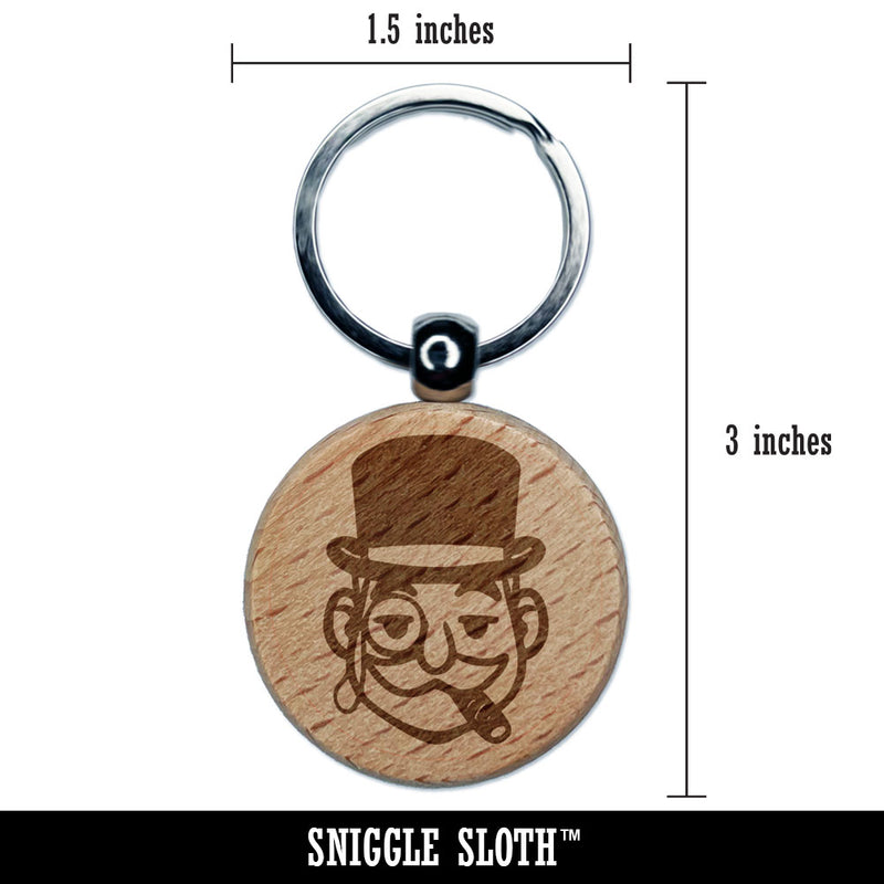 Rich Man Top Hat Mustache Tycoon Cigar Engraved Wood Round Keychain Tag Charm