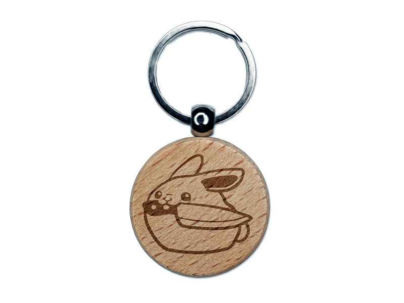 Round Cartoon Bunny Rabbit with Knife Engraved Wood Round Keychain Tag Charm