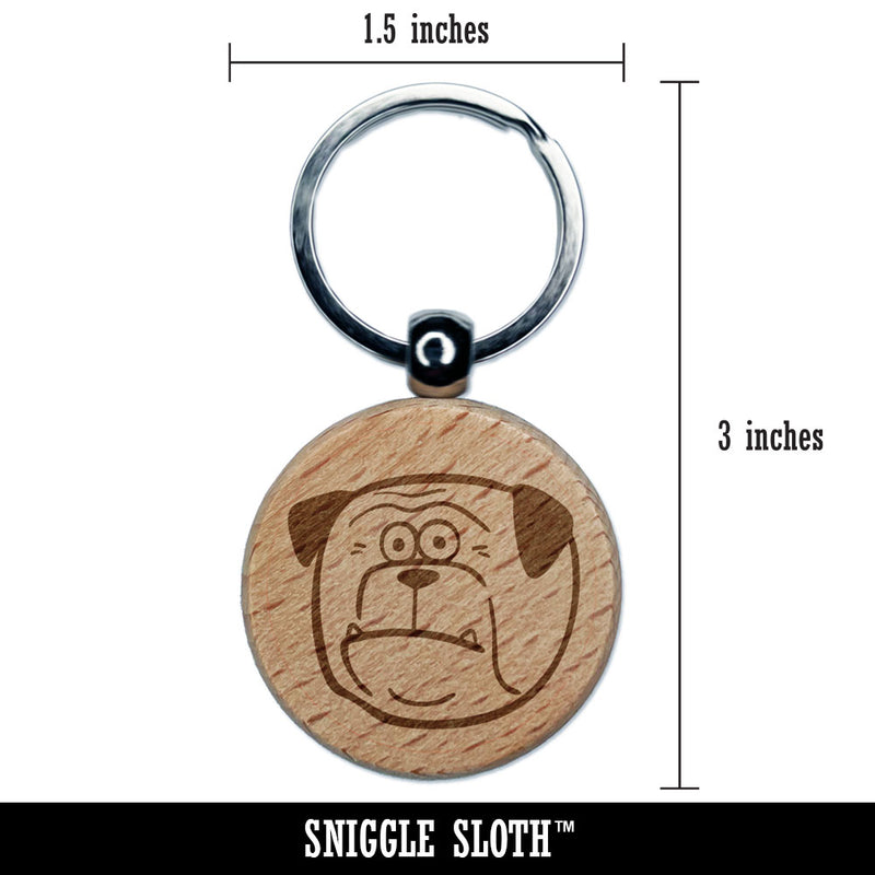Shocked Surprised Cartoon Bulldog Pet Animal Engraved Wood Round Keychain Tag Charm