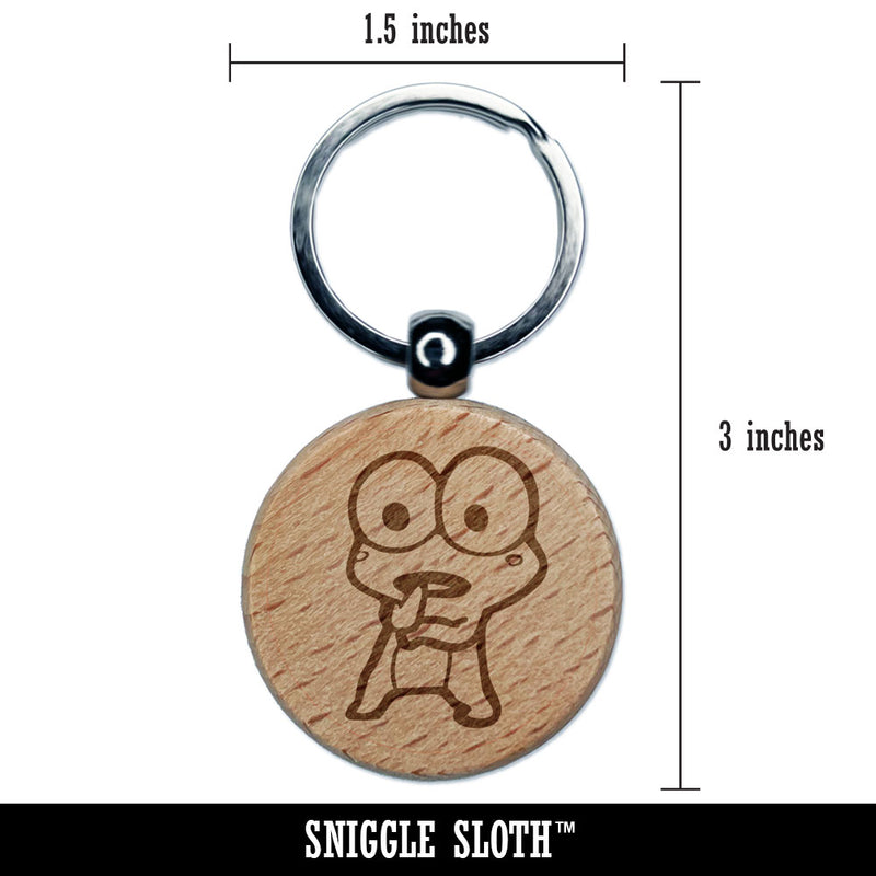 Shocked Surprised Speechless Frog Engraved Wood Round Keychain Tag Charm