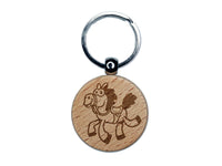 Silly Cartoon Horse Prancing Galloping Skipping Engraved Wood Round Keychain Tag Charm