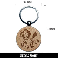 Silly Cartoon Horse Prancing Galloping Skipping Engraved Wood Round Keychain Tag Charm