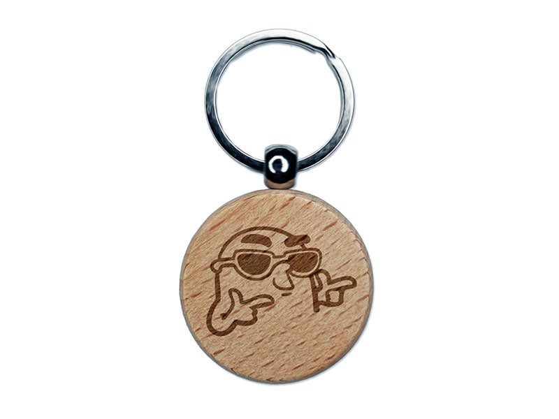 Silly Finger Guns and Sunglasses Cool Engraved Wood Round Keychain Tag Charm