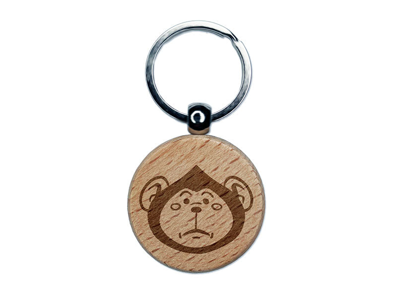 Silly Monkey Round Head Ape Chimpanzee Engraved Wood Round Keychain Tag Charm