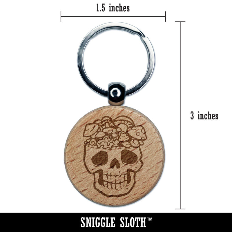 Skull Mushroom Brain Horror Fungus Bones Engraved Wood Round Keychain Tag Charm