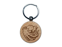 Swimming Octopus Floating Through The Sea Ocean Engraved Wood Round Keychain Tag Charm