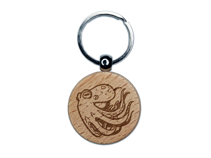 Swimming Octopus Floating Through The Sea Ocean Engraved Wood Round Keychain Tag Charm