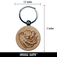 Swimming Octopus Floating Through The Sea Ocean Engraved Wood Round Keychain Tag Charm