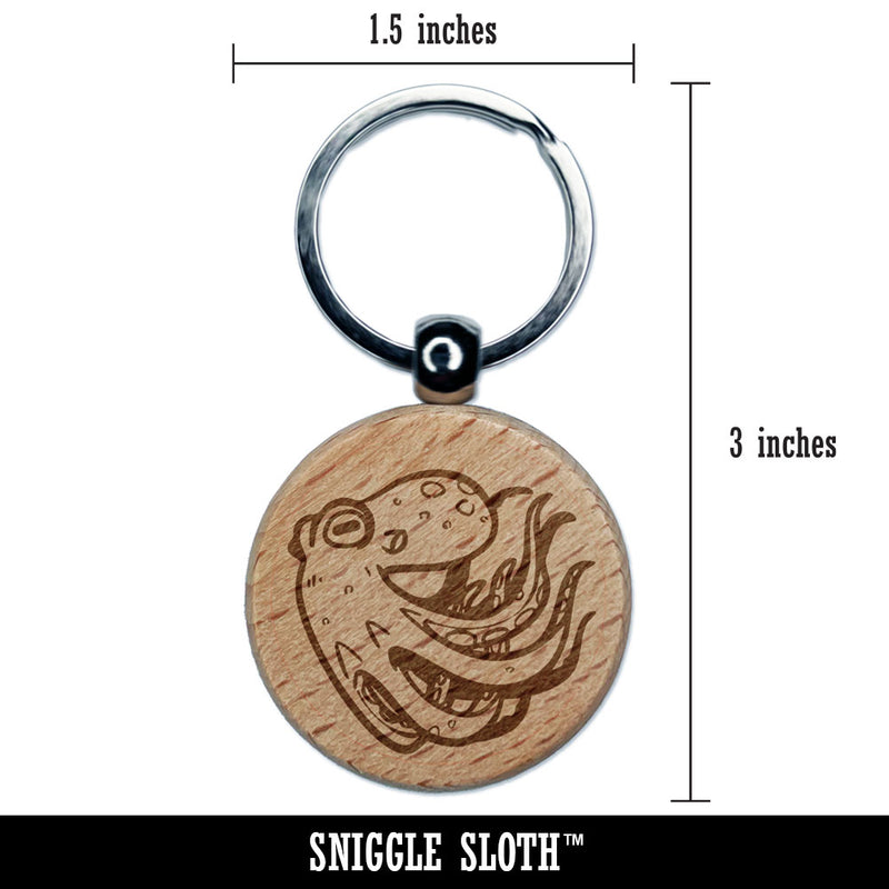 Swimming Octopus Floating Through The Sea Ocean Engraved Wood Round Keychain Tag Charm