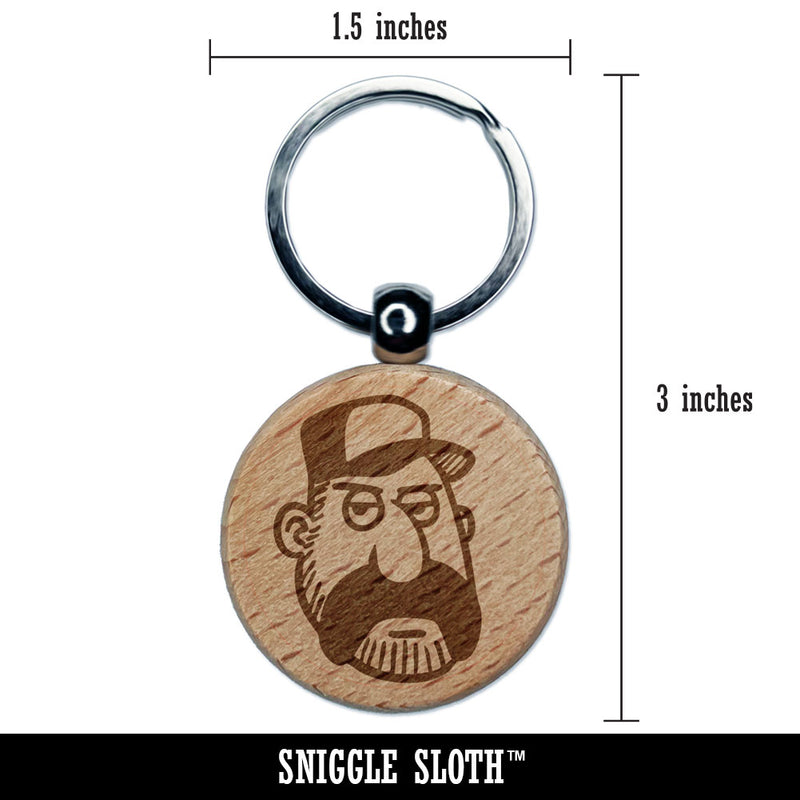 Trucker Man with Hat and Mustache Engraved Wood Round Keychain Tag Charm