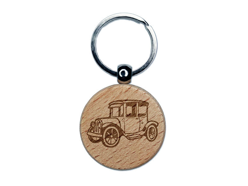Vintage Car Vehicle Old Fashion Engraved Wood Round Keychain Tag Charm