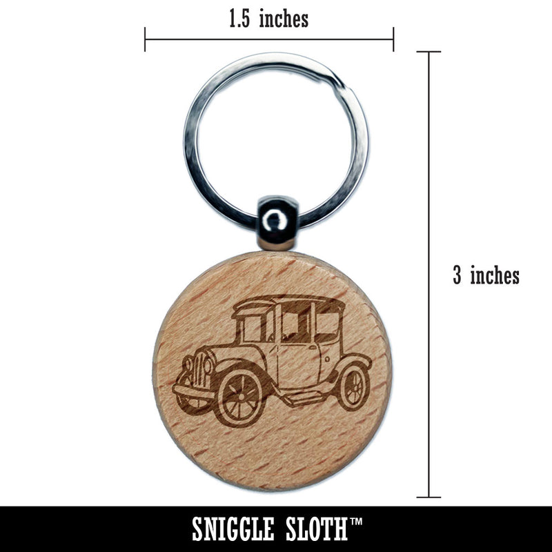 Vintage Car Vehicle Old Fashion Engraved Wood Round Keychain Tag Charm