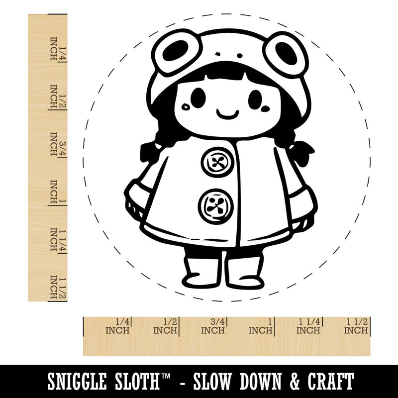 Cute Girl in Frog Raincoat Rainboots Winter Weather Self-Inking Rubber Stamp for Stamping Crafting Planners