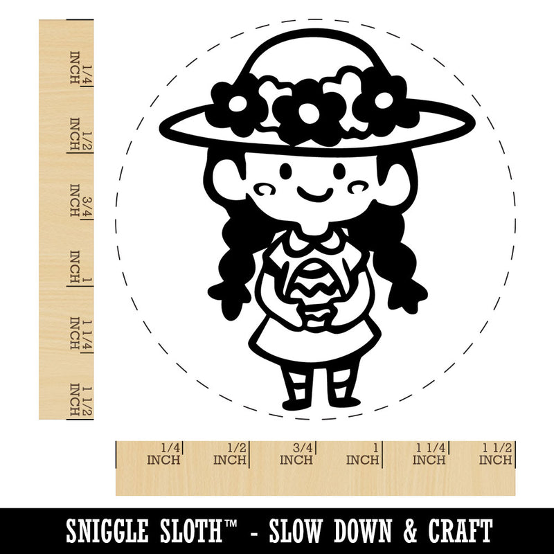 Cute Girl with Easter Egg and Sun Hat and Braids Self-Inking Rubber Stamp