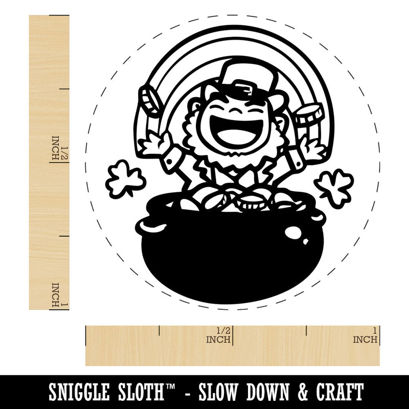 Joyful Leprechaun with Pot of Gold and Rainbow Self-Inking Rubber Stamp for Stamping Crafting Planners