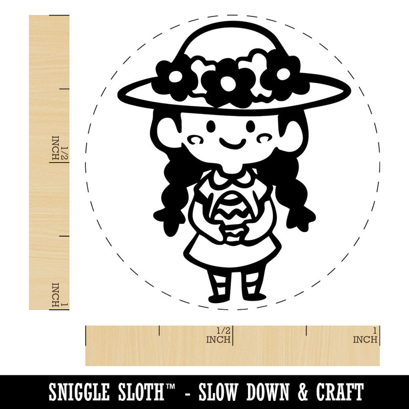 Cute Girl with Easter Egg and Sun Hat and Braids Self-Inking Rubber Stamp