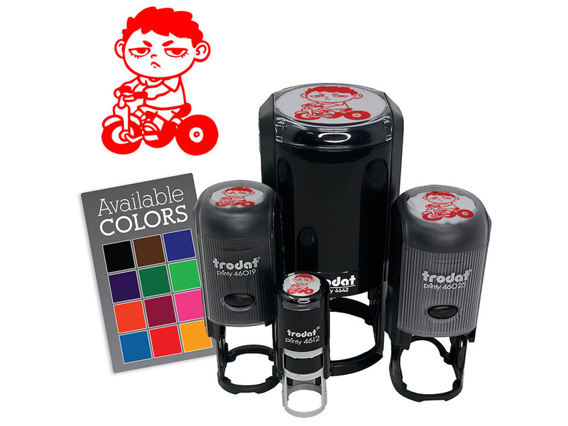Bored Child Kid Boy On Tricycle Self-Inking Rubber Stamp for Stamping Crafting Planners