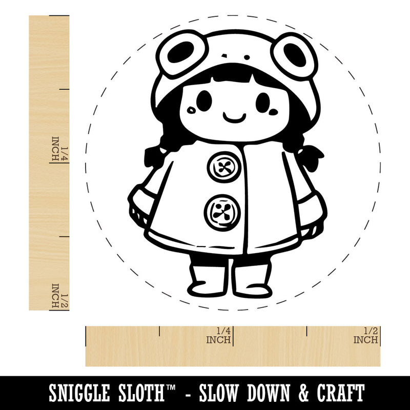 Cute Girl in Frog Raincoat Rainboots Winter Weather Self-Inking Rubber Stamp for Stamping Crafting Planners