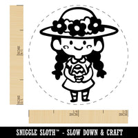 Cute Girl with Easter Egg and Sun Hat and Braids Self-Inking Rubber Stamp