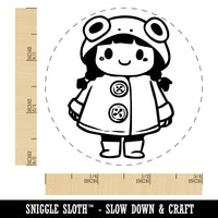 Cute Girl in Frog Raincoat Rainboots Winter Weather Self-Inking Rubber Stamp for Stamping Crafting Planners