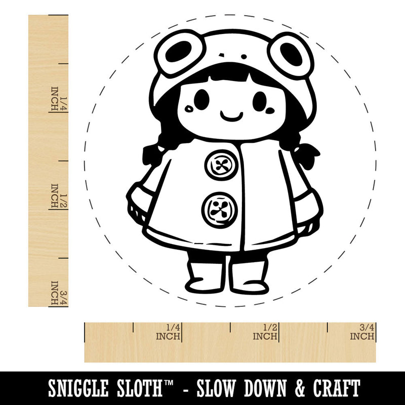 Cute Girl in Frog Raincoat Rainboots Winter Weather Self-Inking Rubber Stamp for Stamping Crafting Planners