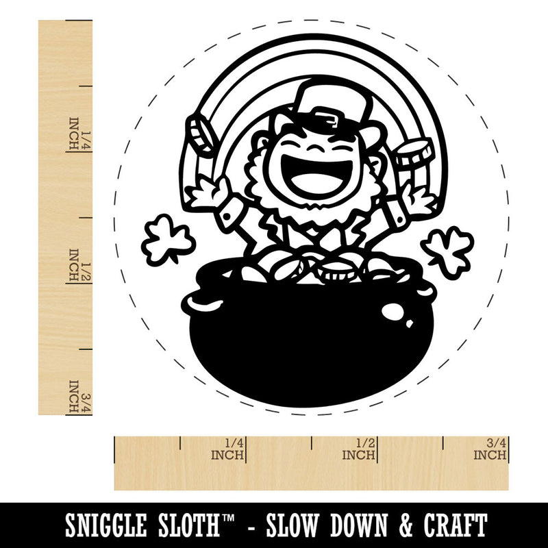 Joyful Leprechaun with Pot of Gold and Rainbow Self-Inking Rubber Stamp for Stamping Crafting Planners