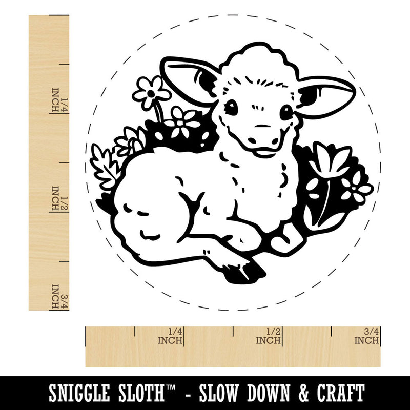 Easter Lamb Sitting In Grass and Flowers Self-Inking Rubber Stamp for Stamping Crafting Planners