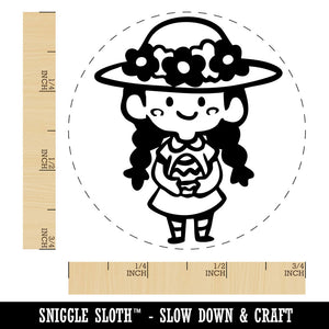 Cute Girl with Easter Egg and Sun Hat and Braids Self-Inking Rubber Stamp