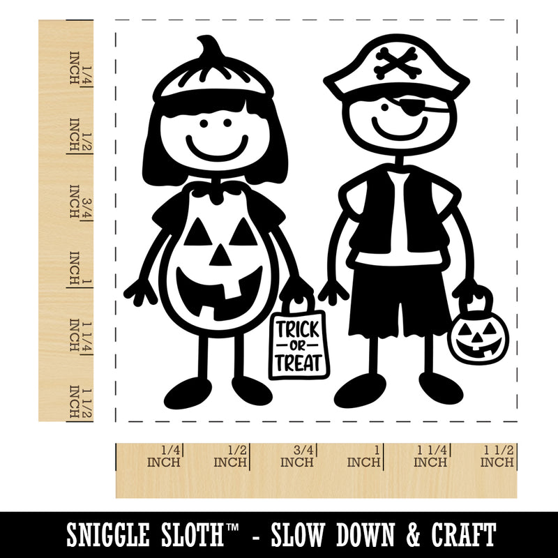 Stick Figure Halloween Trick Or Treaters Kids Self-Inking Rubber Stamp Ink Stamper