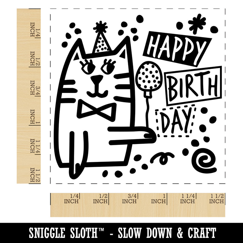 Happy Birthday Cat with Hat and Balloon Self-Inking Rubber Stamp Ink Stamper