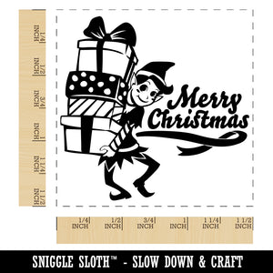 Merry Christmas Elf with Presents Gifts Self-Inking Rubber Stamp Ink Stamper