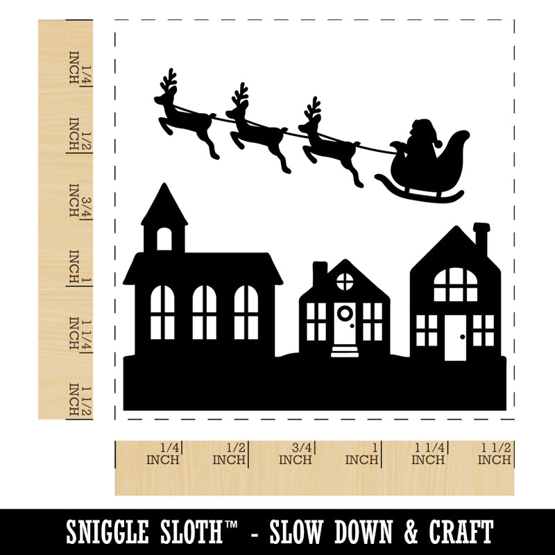 Santa in Sleigh Over Town Christmas Eve Self-Inking Rubber Stamp Ink Stamper