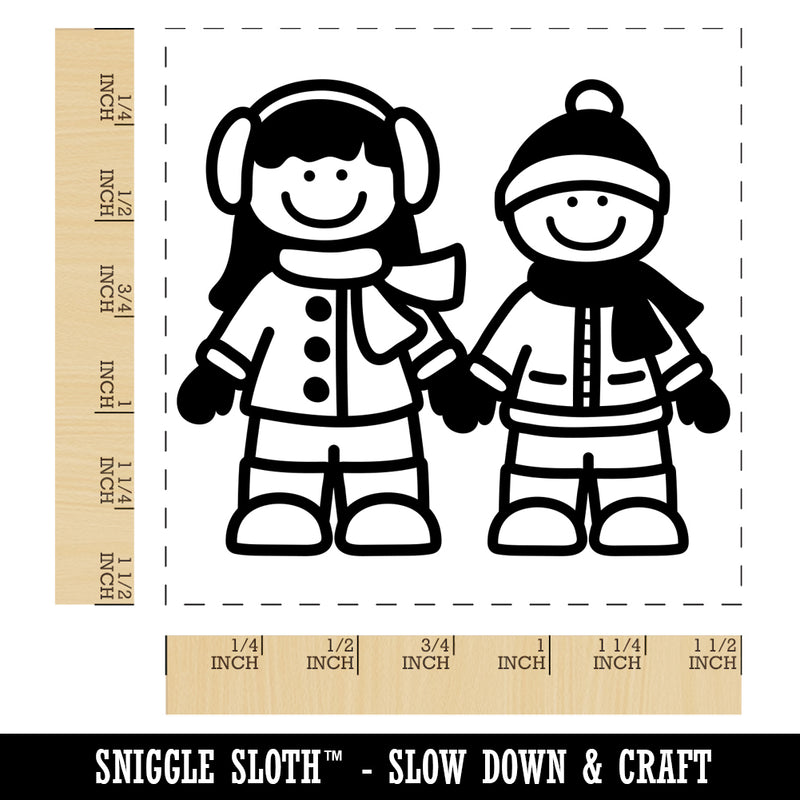 Stick Figure Winter Kids Self-Inking Rubber Stamp Ink Stamper