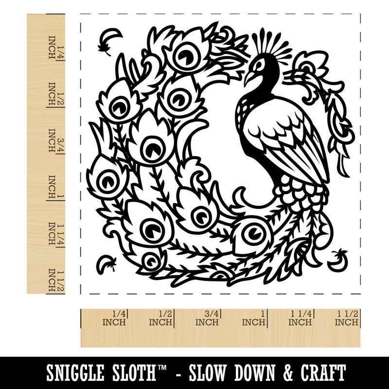 Elegant Peacock with Flowing Tail Feathers Self-Inking Rubber Stamp Ink Stamper