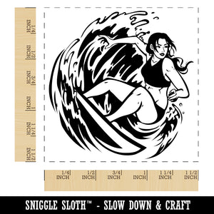 Surfer Woman Riding Wave with Surfboard Self-Inking Rubber Stamp Ink Stamper