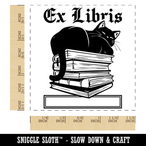 Ex Libris Cat on Stack of Books Reading Self-Inking Rubber Stamp Ink Stamper