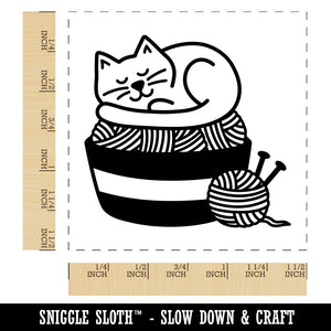 Cat Sleeping on Basket of Yarn Knitting Self-Inking Rubber Stamp Ink Stamper