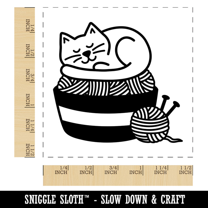 Cat Sleeping on Basket of Yarn Knitting Self-Inking Rubber Stamp Ink Stamper