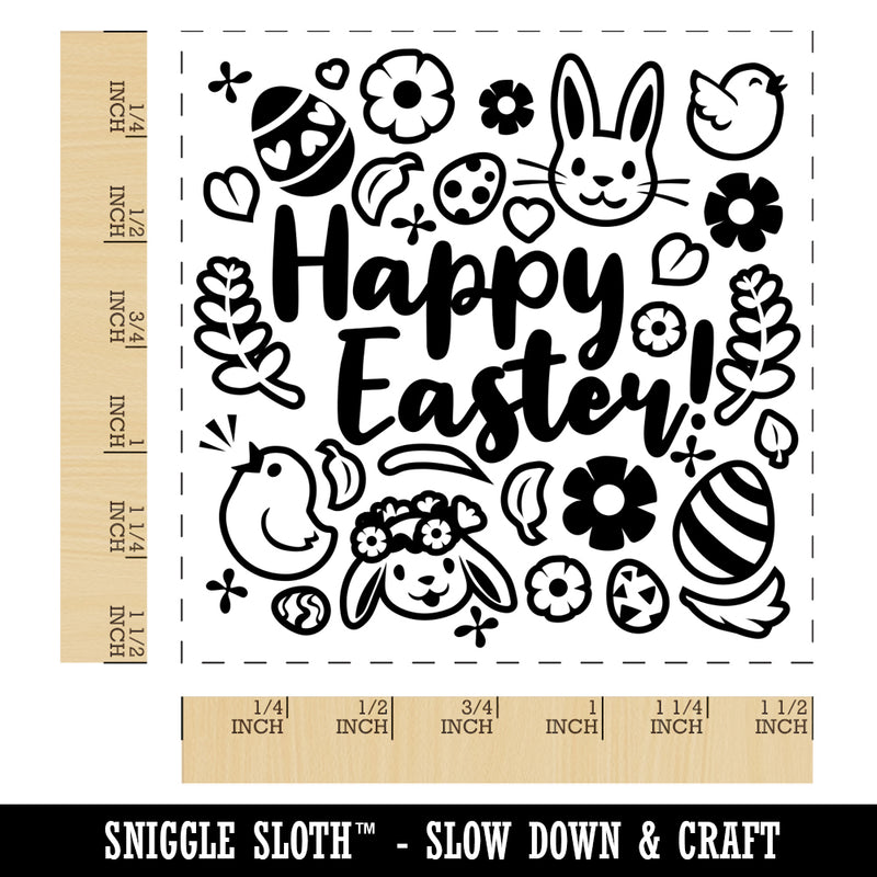 Happy Easter with Bunny Chicks Flowers and Eggs Self-Inking Rubber Stamp Ink Stamper