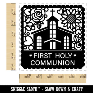 First Holy Communion Cute Chapel with Floral Scalloped Border Self-Inking Rubber Stamp Ink Stamper