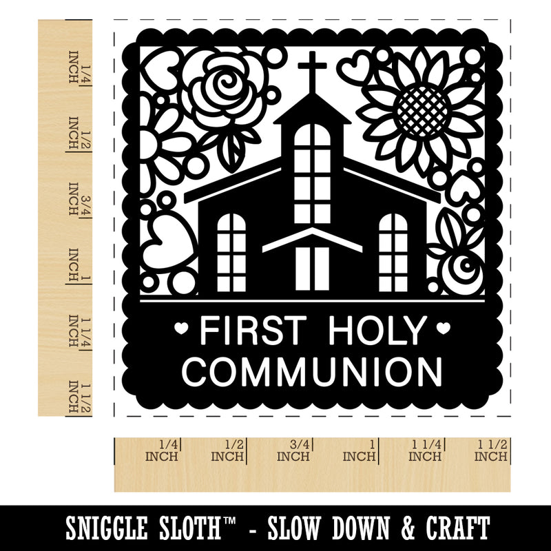 First Holy Communion Cute Chapel with Floral Scalloped Border Self-Inking Rubber Stamp Ink Stamper