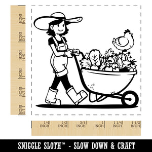 Gardener Farmer Girl with Wheelbarrow of Fruits Vegetables Chicken Self-Inking Rubber Stamp Ink Stamper