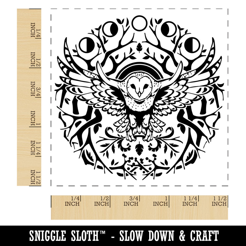 Intricate Barn Owl with Wreath of Branches and Moon Phases Self-Inking Rubber Stamp Ink Stamper